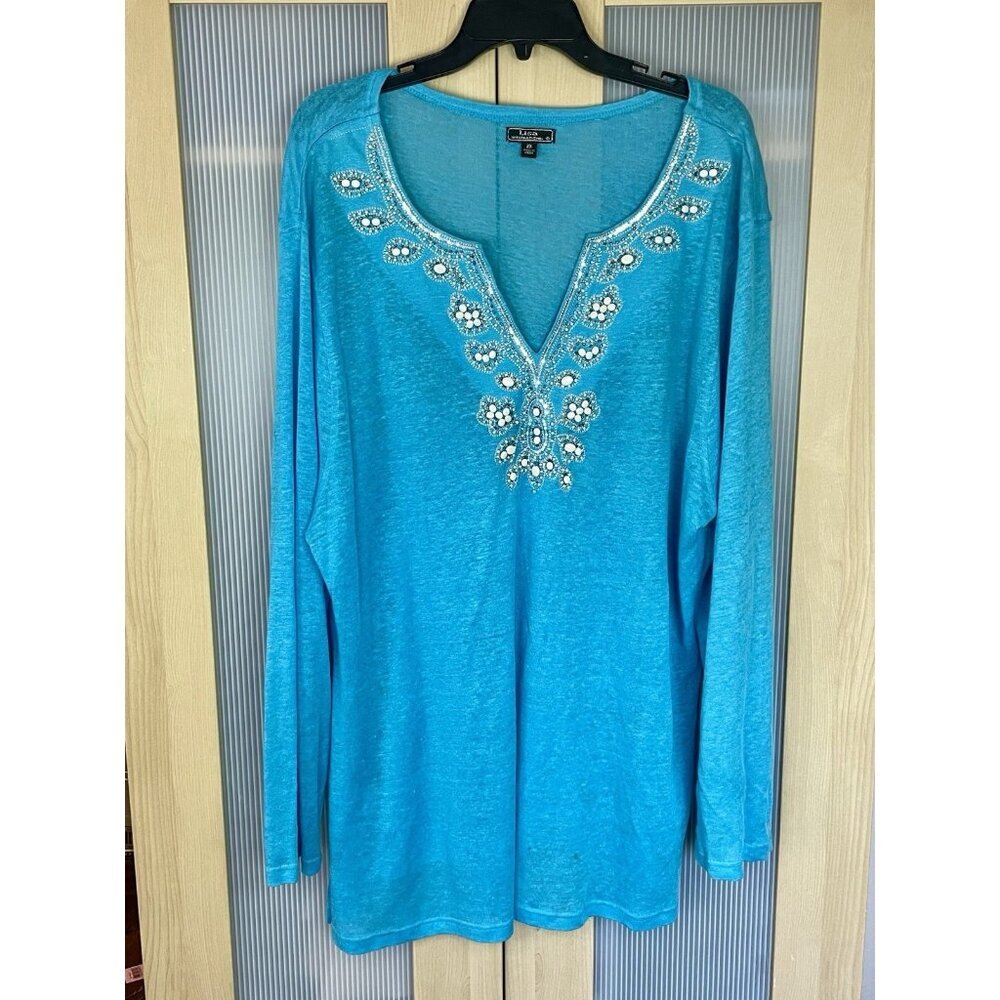LISA International Women’s Linen Top Sz XXL Sweater Blouse Beaded Casual Summer‎